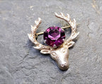 Vintage Silver STAG Antlers Brooch - with Purple Amethyst Stone- 3.4g