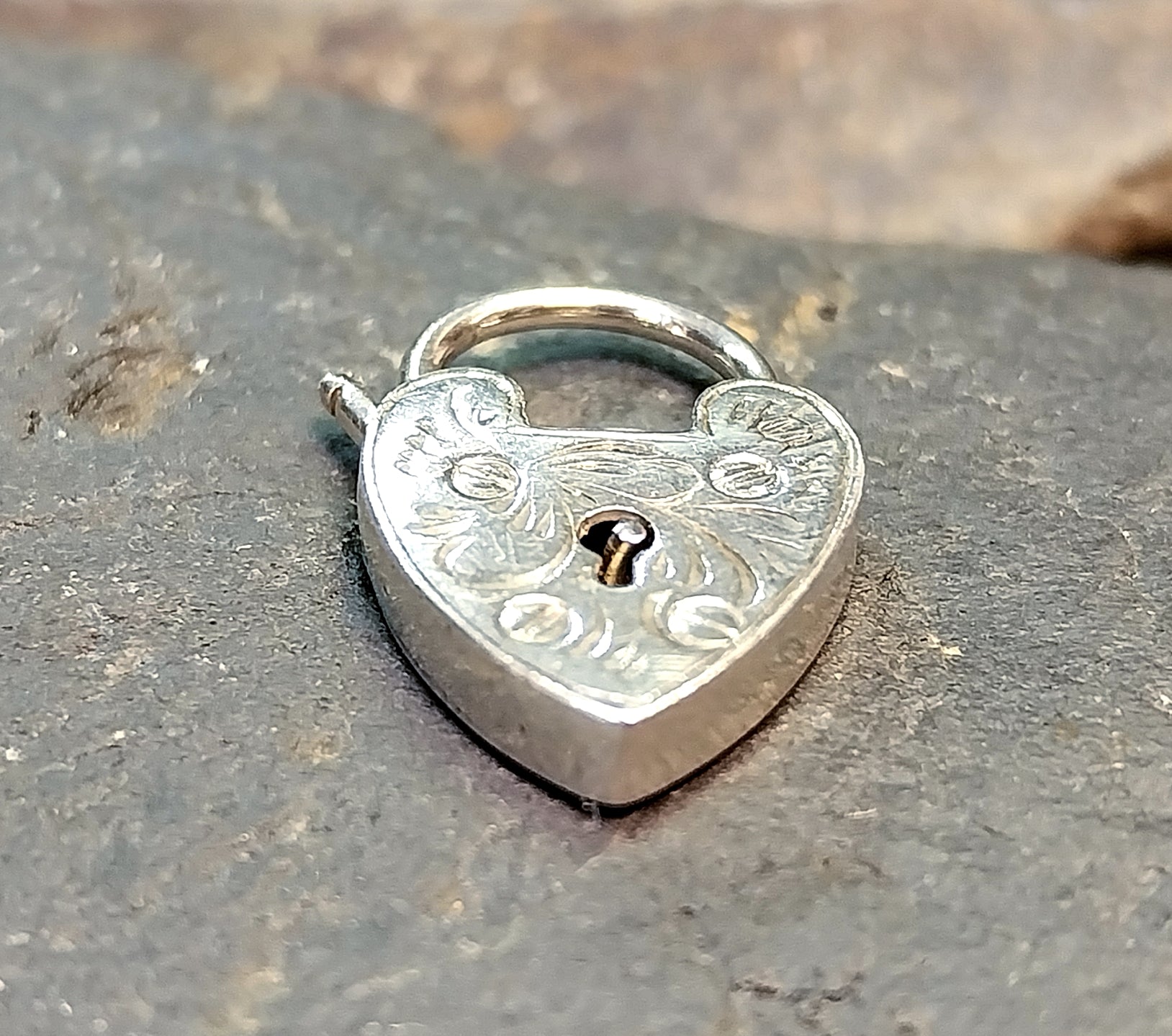 GEORG JENSEN Sterling Silver Engraved Heart Lock Charm - for bracelet - 2.1g