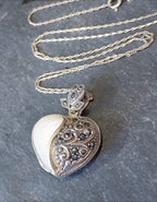 Sterling Silver HEART Locket - Mother of Pearl & Marcasite Stones with 20" Chain - 10.2g