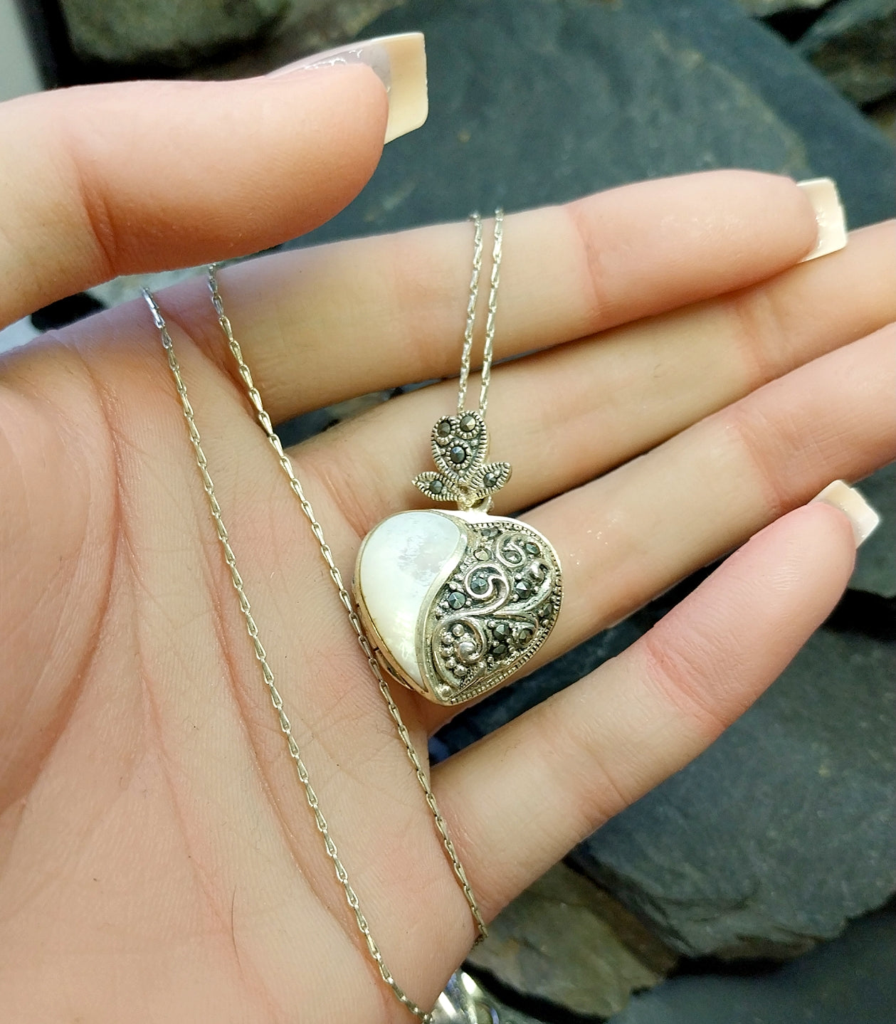 Sterling Silver HEART Locket - Mother of Pearl & Marcasite Stones with 20" Chain - 10.2g