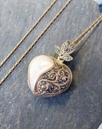 Sterling Silver HEART Locket - Mother of Pearl & Marcasite Stones with 20" Chain - 10.2g