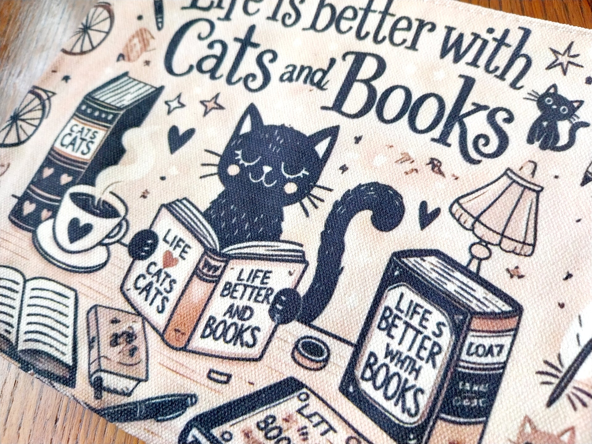 Life is Better with Cats & Books - Fabric Zippered Bag Makeup Pencil Case