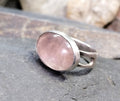 Hallmarked SILVER RING with Large Rose Quartz Stone - 1960s  Size P (7.5) - 6.6g