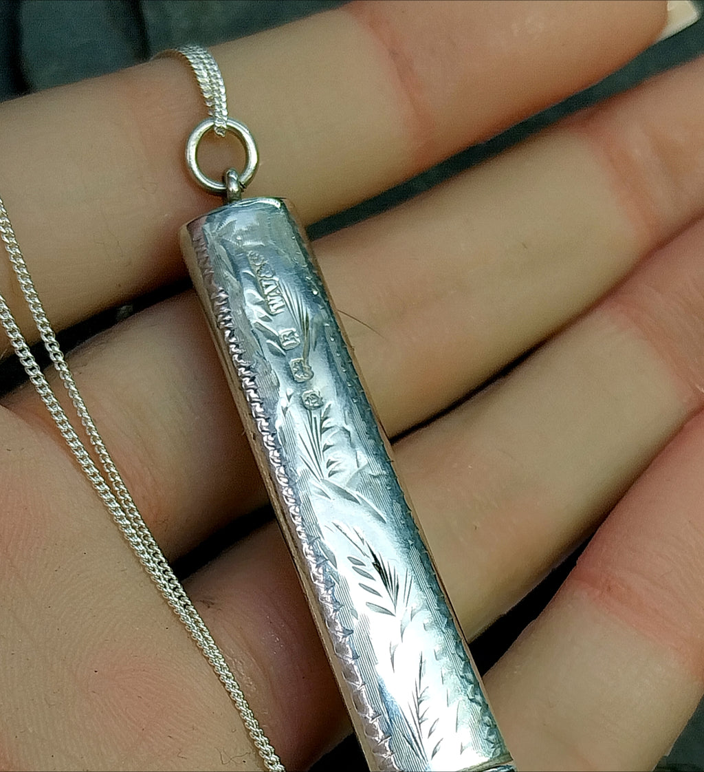 Antique Sterling Silver Pencil Holder LOCKET Pendant 1909 18" Chain - Original Pencil - 4g