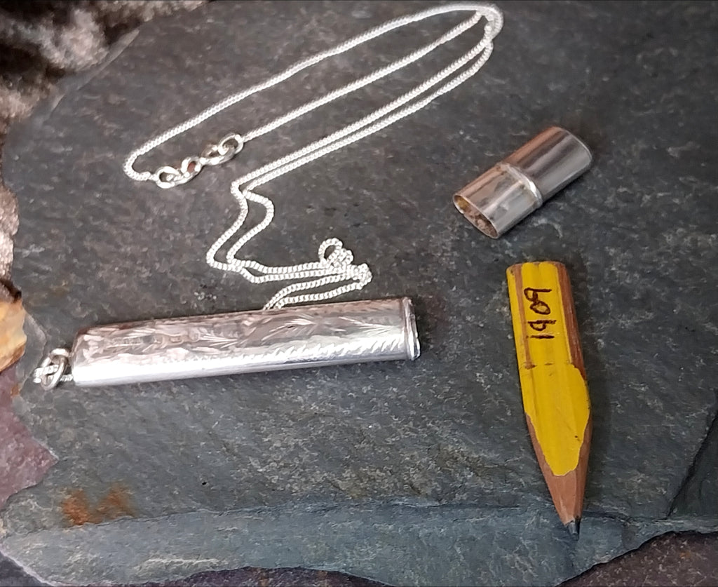 Antique Sterling Silver Pencil Holder LOCKET Pendant 1909 18" Chain - Original Pencil - 4g