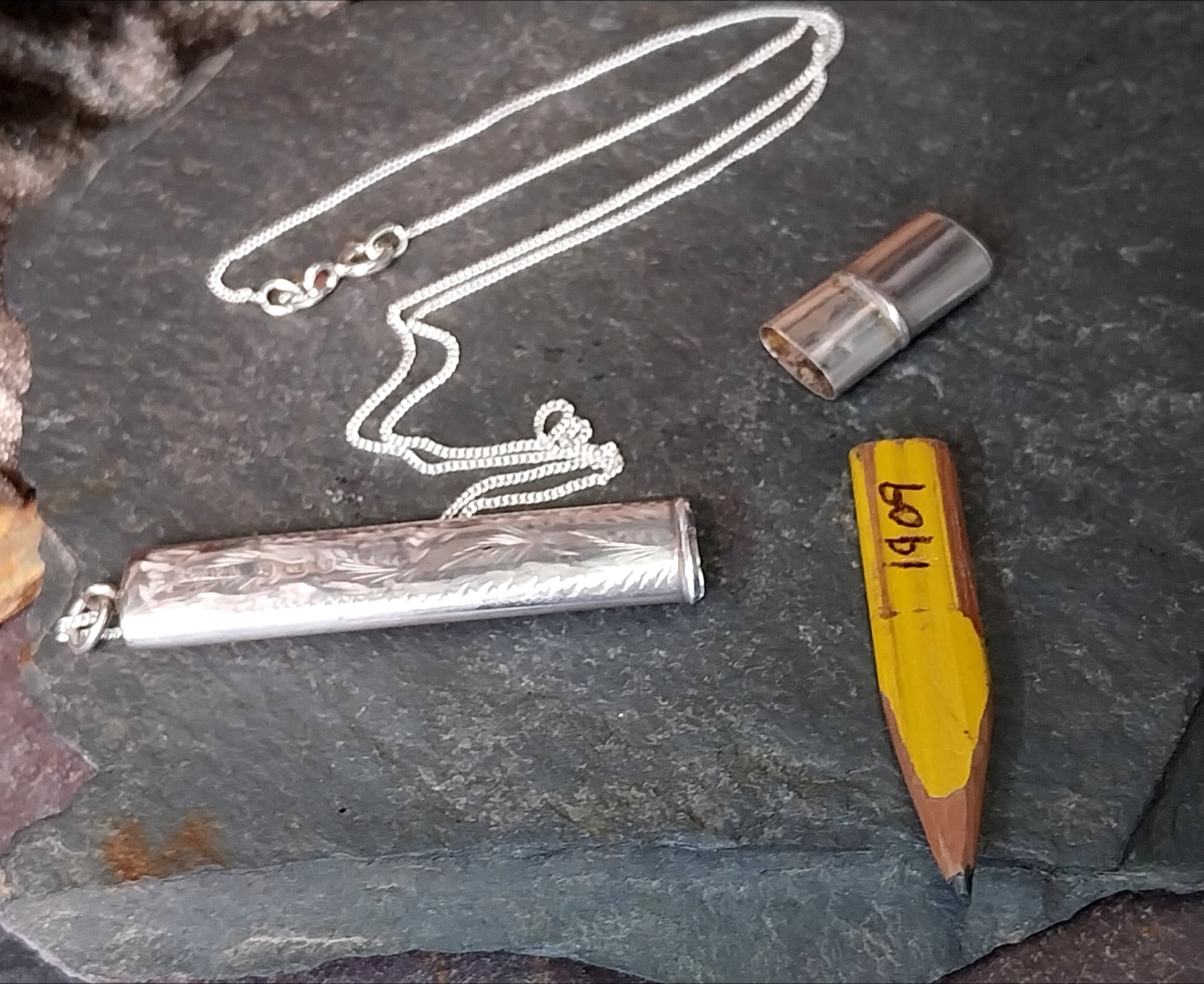 Antique Sterling Silver Pencil Holder LOCKET Pendant 1909 18" Chain - Original Pencil - 4g