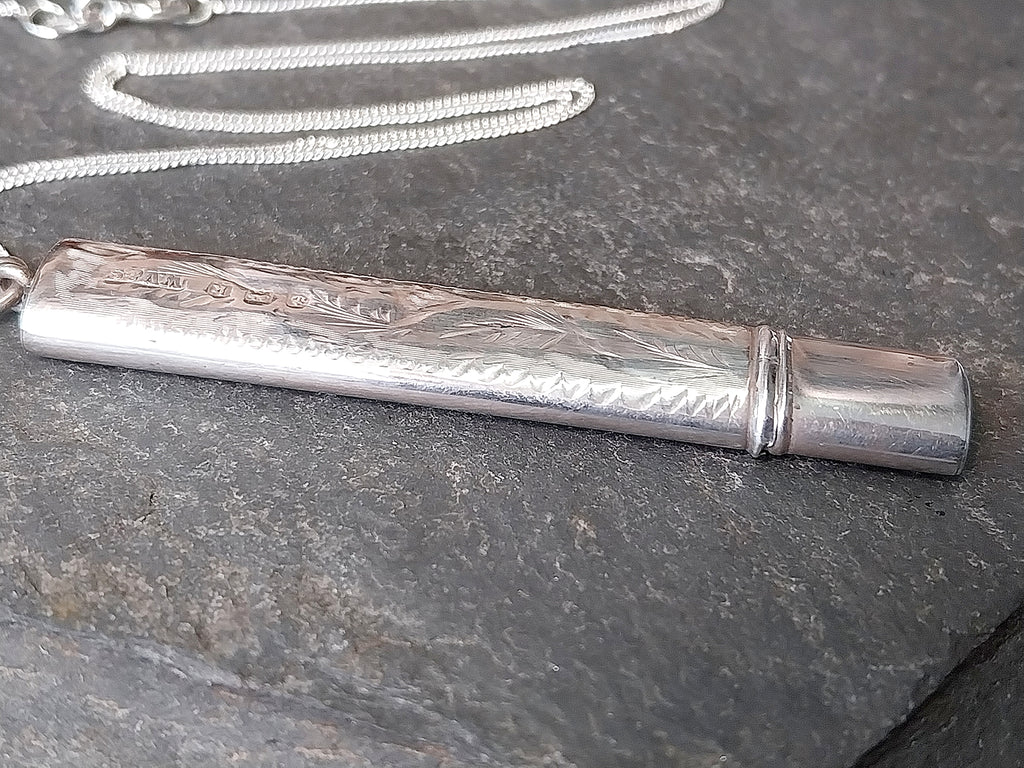 Antique Sterling Silver Pencil Holder LOCKET Pendant 1909 18" Chain - Original Pencil - 4g