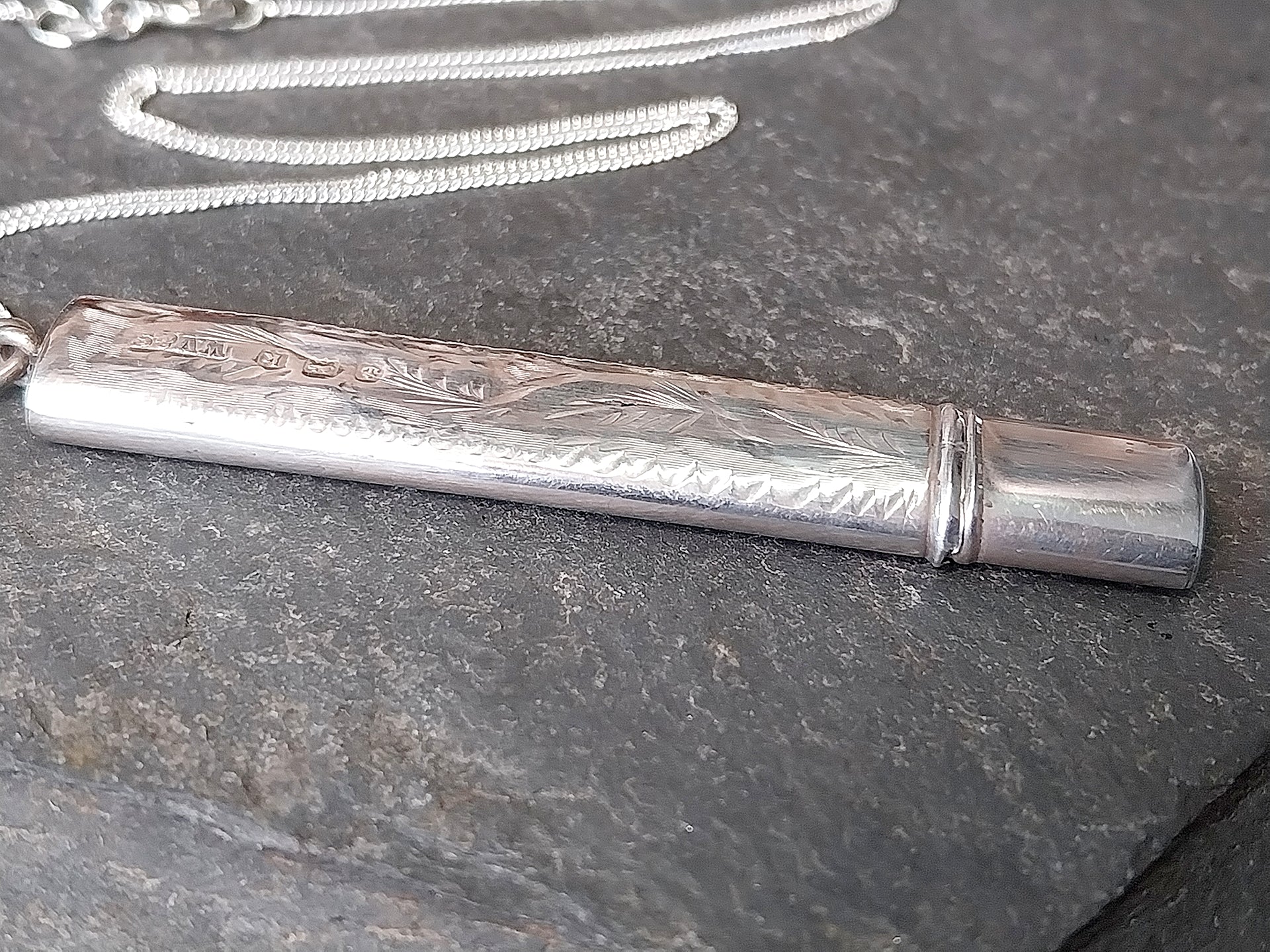 Antique Sterling Silver Pencil Holder LOCKET Pendant 1909 18" Chain - Original Pencil - 4g