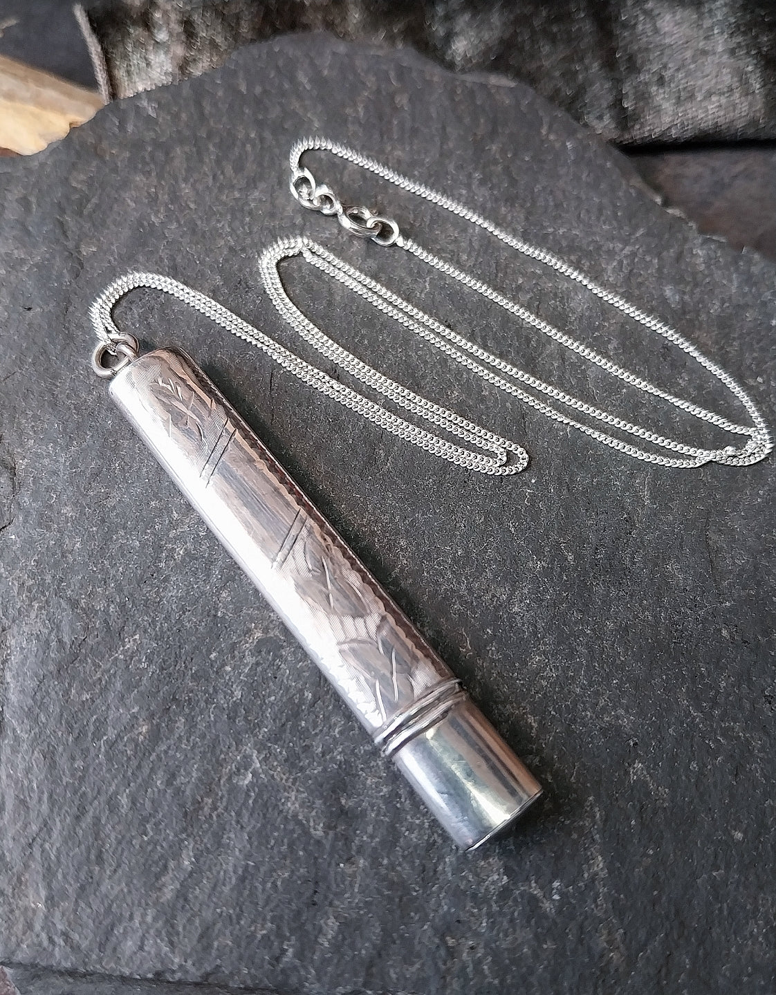 Antique Sterling Silver Pencil Holder LOCKET Pendant 1909 18" Chain - Original Pencil - 4g