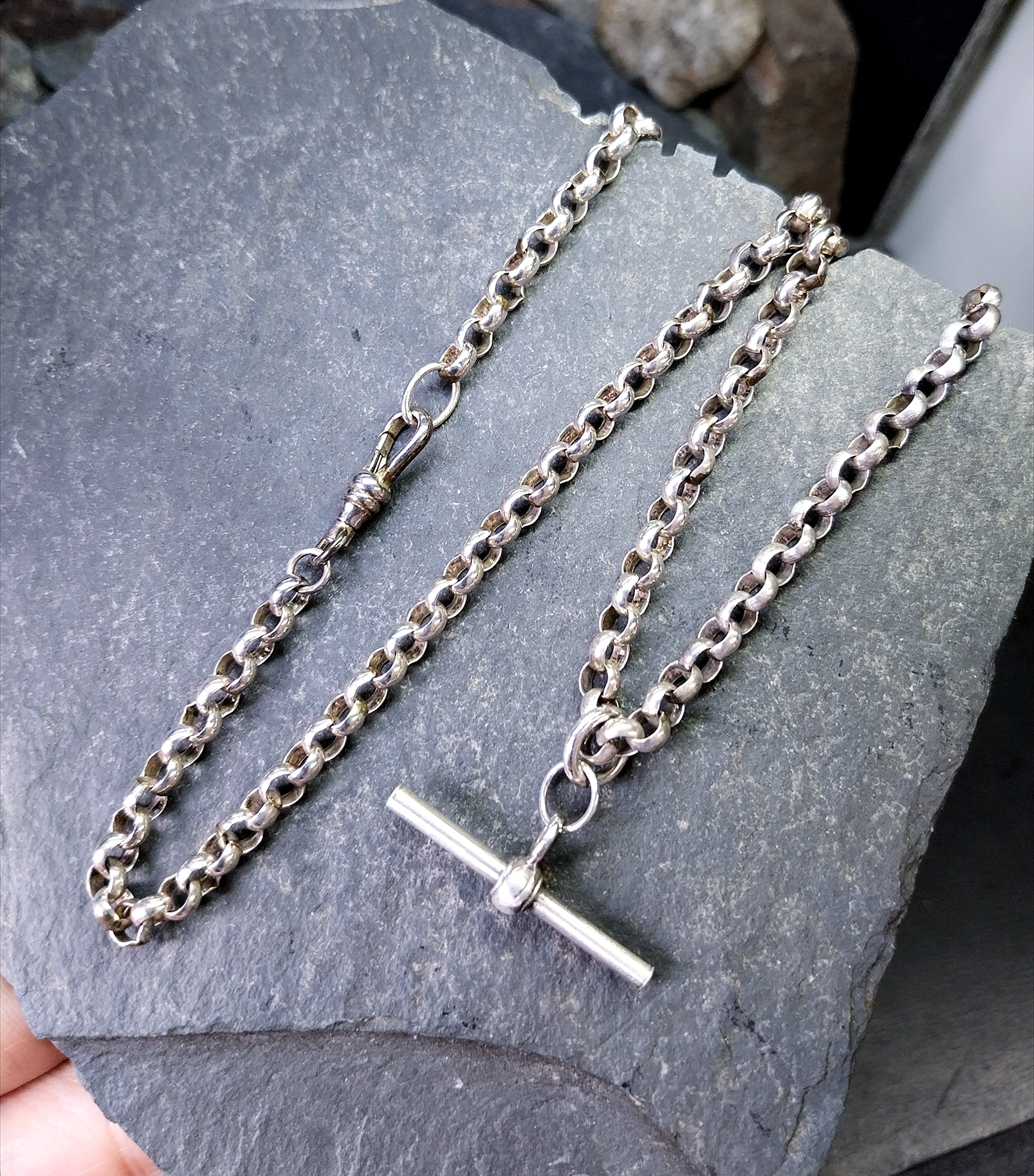 Sterling Silver Belcher Rolo Chain Necklace with T-Bar and DogClip - 18" - 20.2g