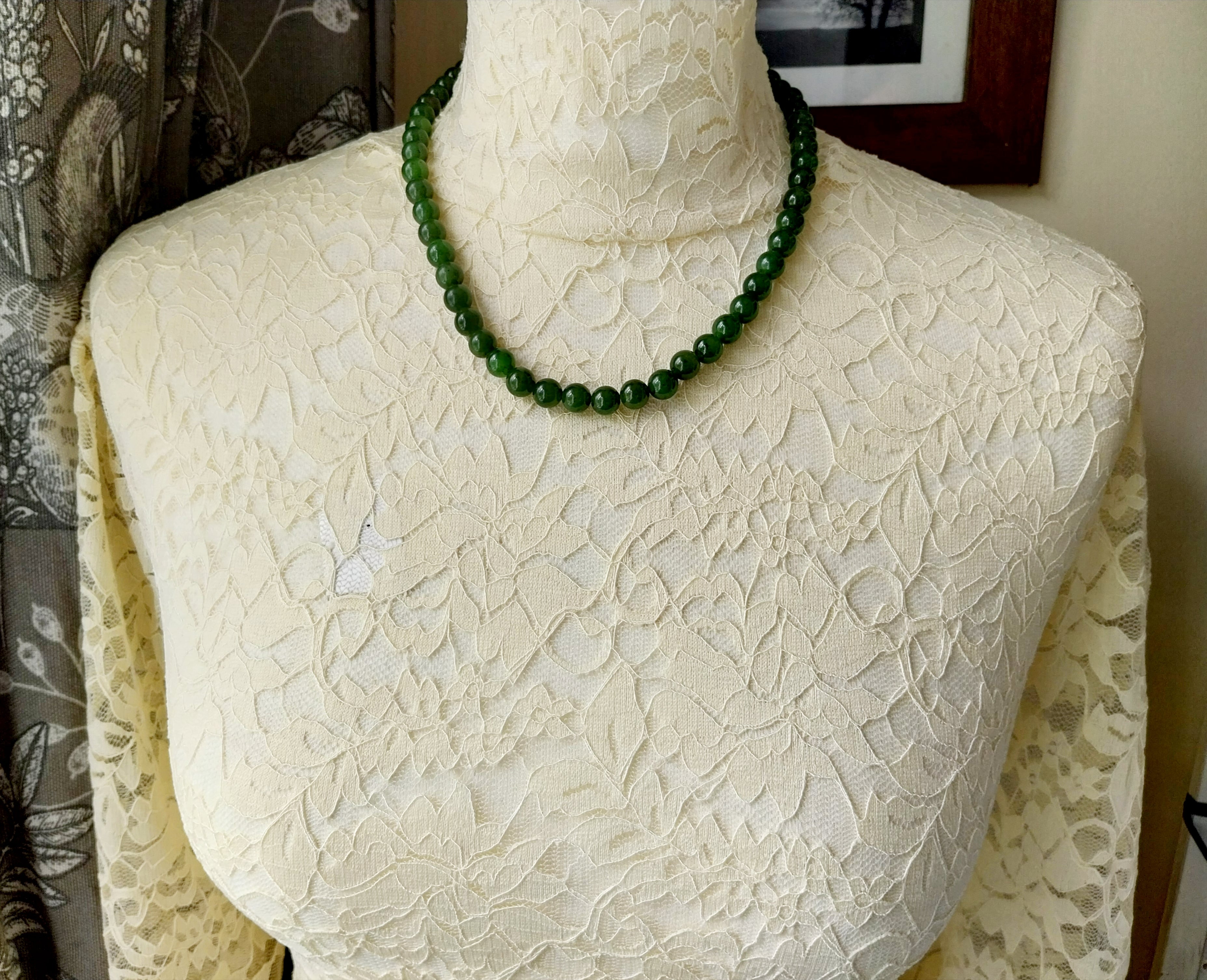 Vintage Deep Green Moss Agate Bead Necklace - 18" - 51.8g