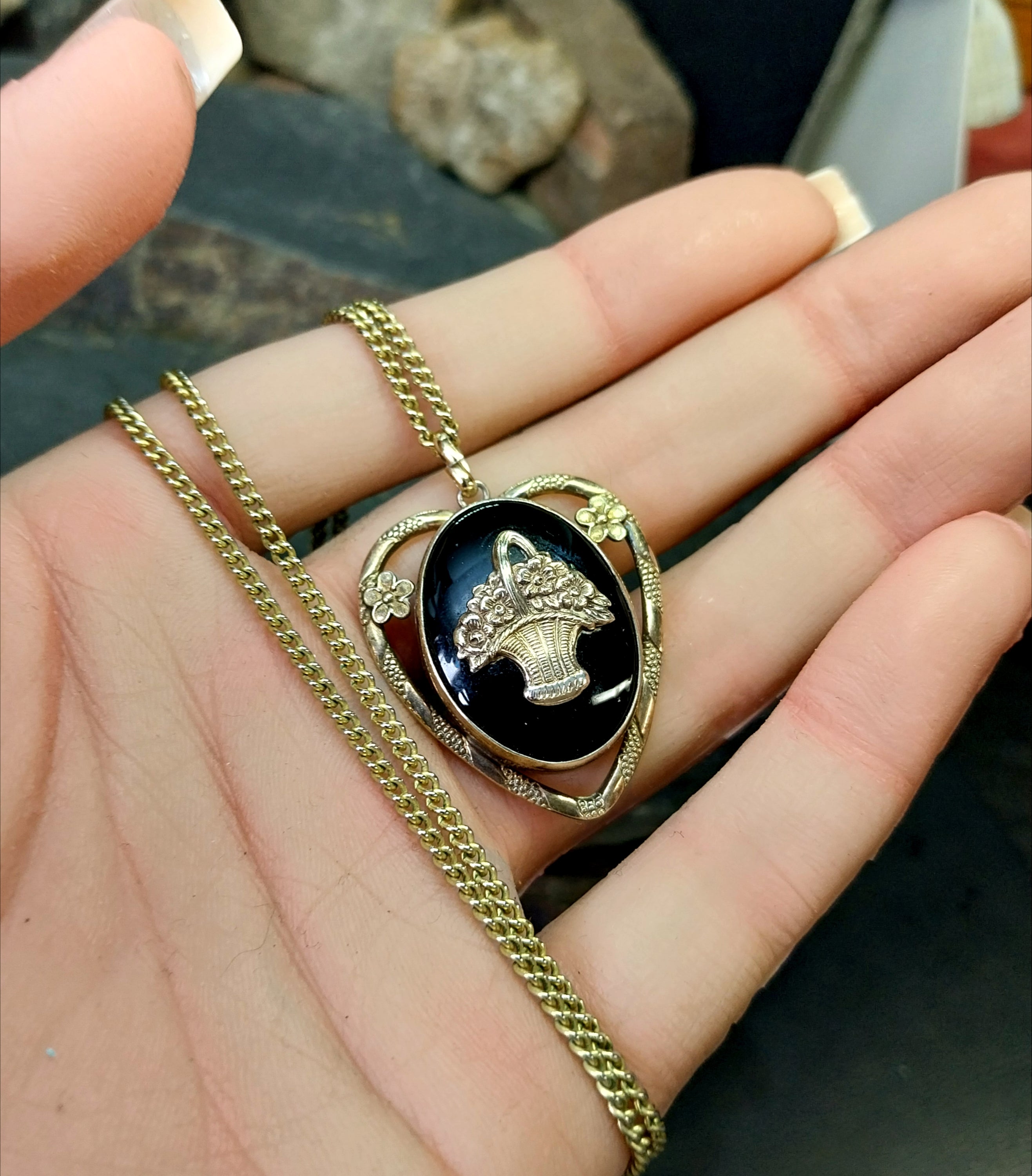 Vintage Black Enamelled Heart LOCKET Necklace - on 28" Chain - 13.5g