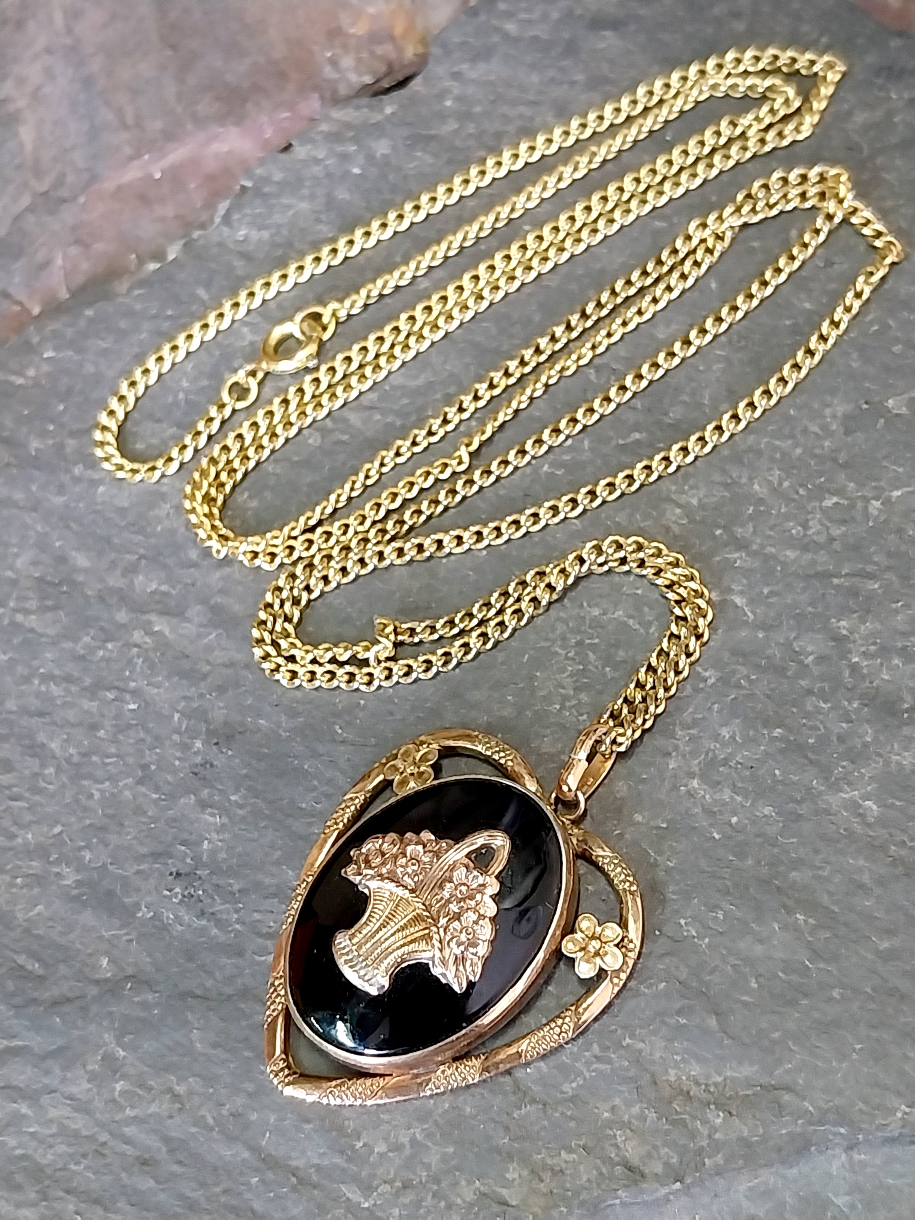 Vintage Black Enamelled Heart LOCKET Necklace - on 28" Chain - 13.5g