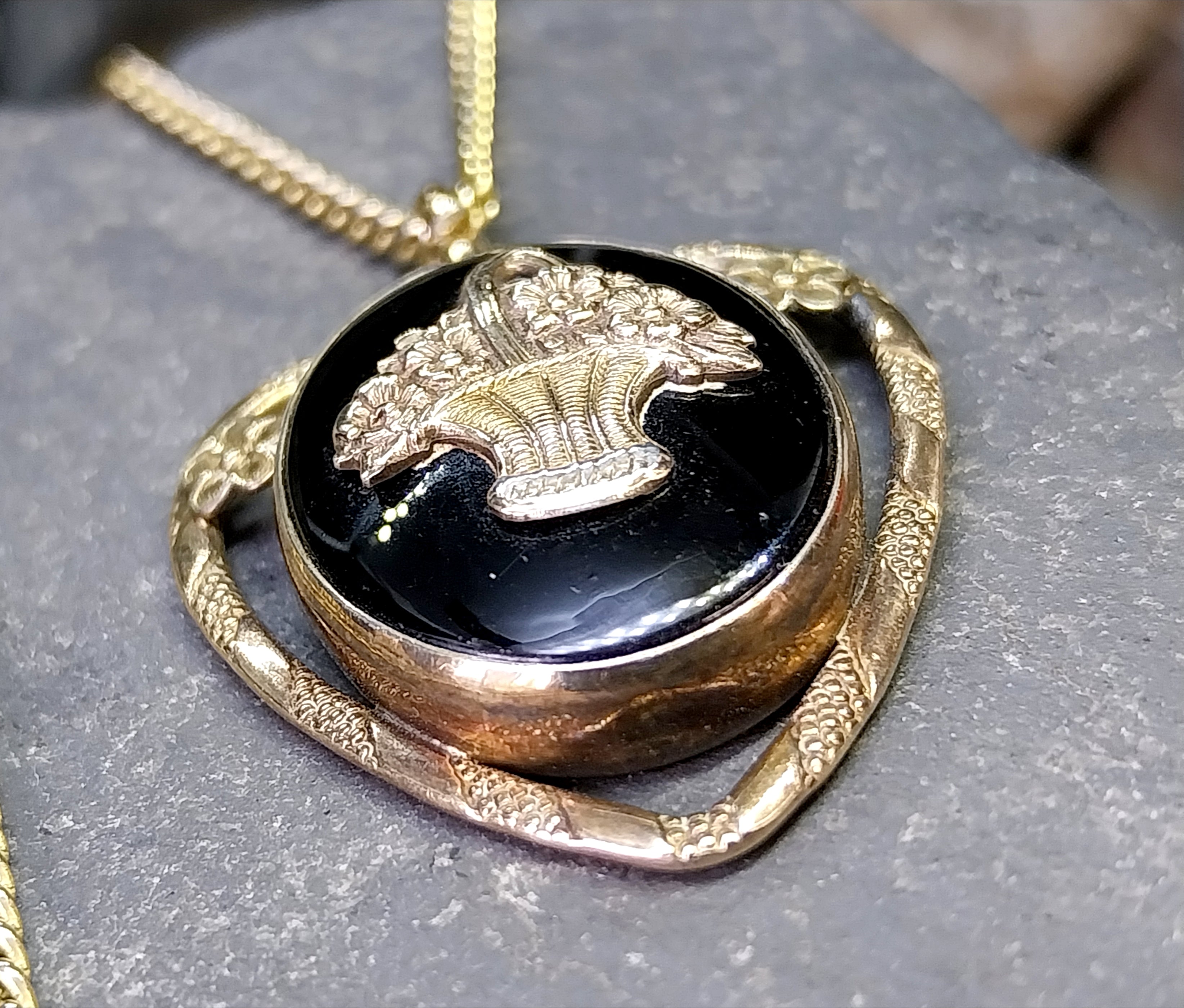 Vintage Black Enamelled Heart LOCKET Necklace - on 28" Chain - 13.5g