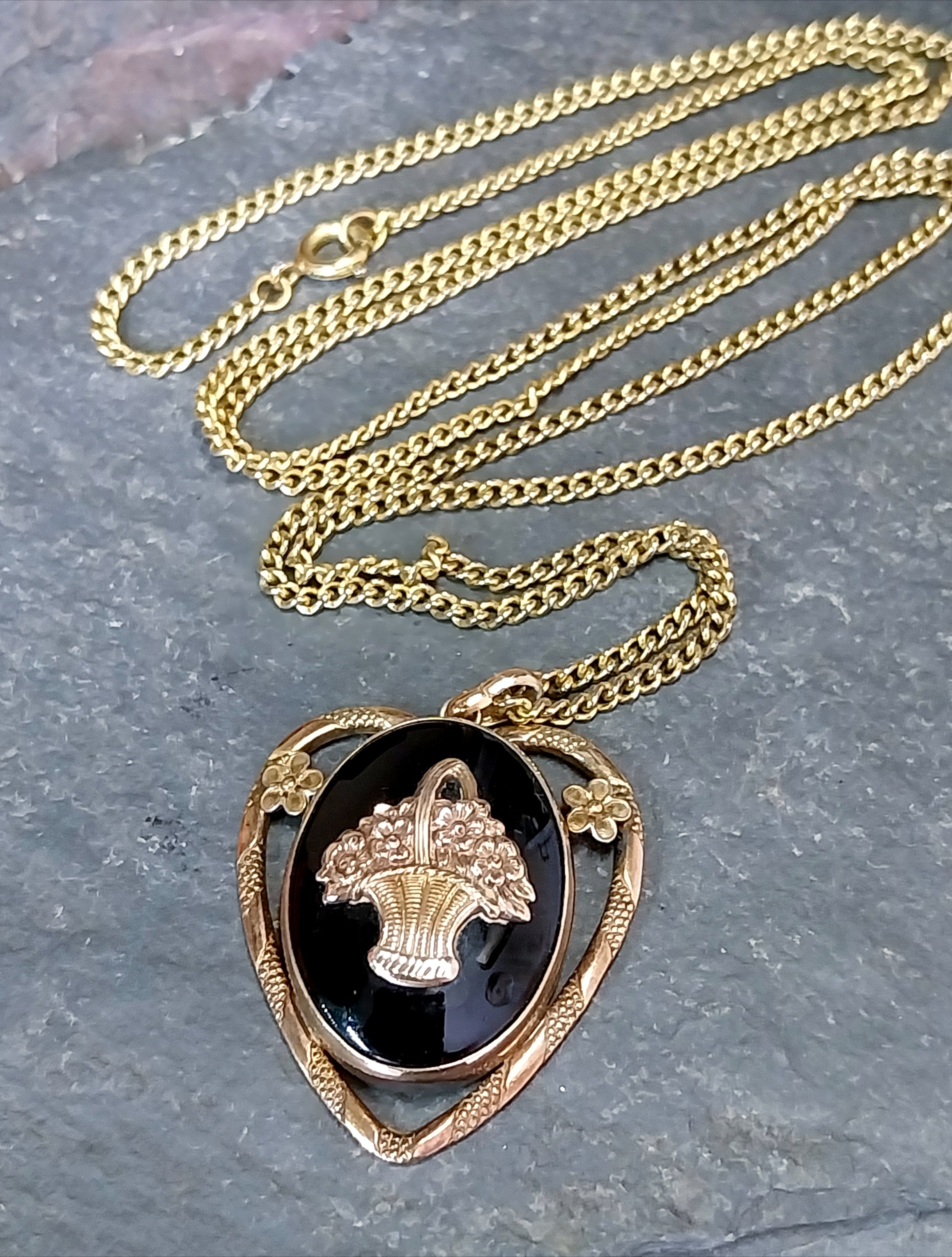 Vintage Black Enamelled Heart LOCKET Necklace - on 28" Chain - 13.5g