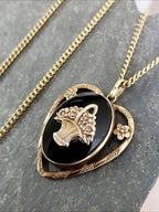 Vintage Black Enamelled Heart LOCKET Necklace - on 28" Chain - 13.5g