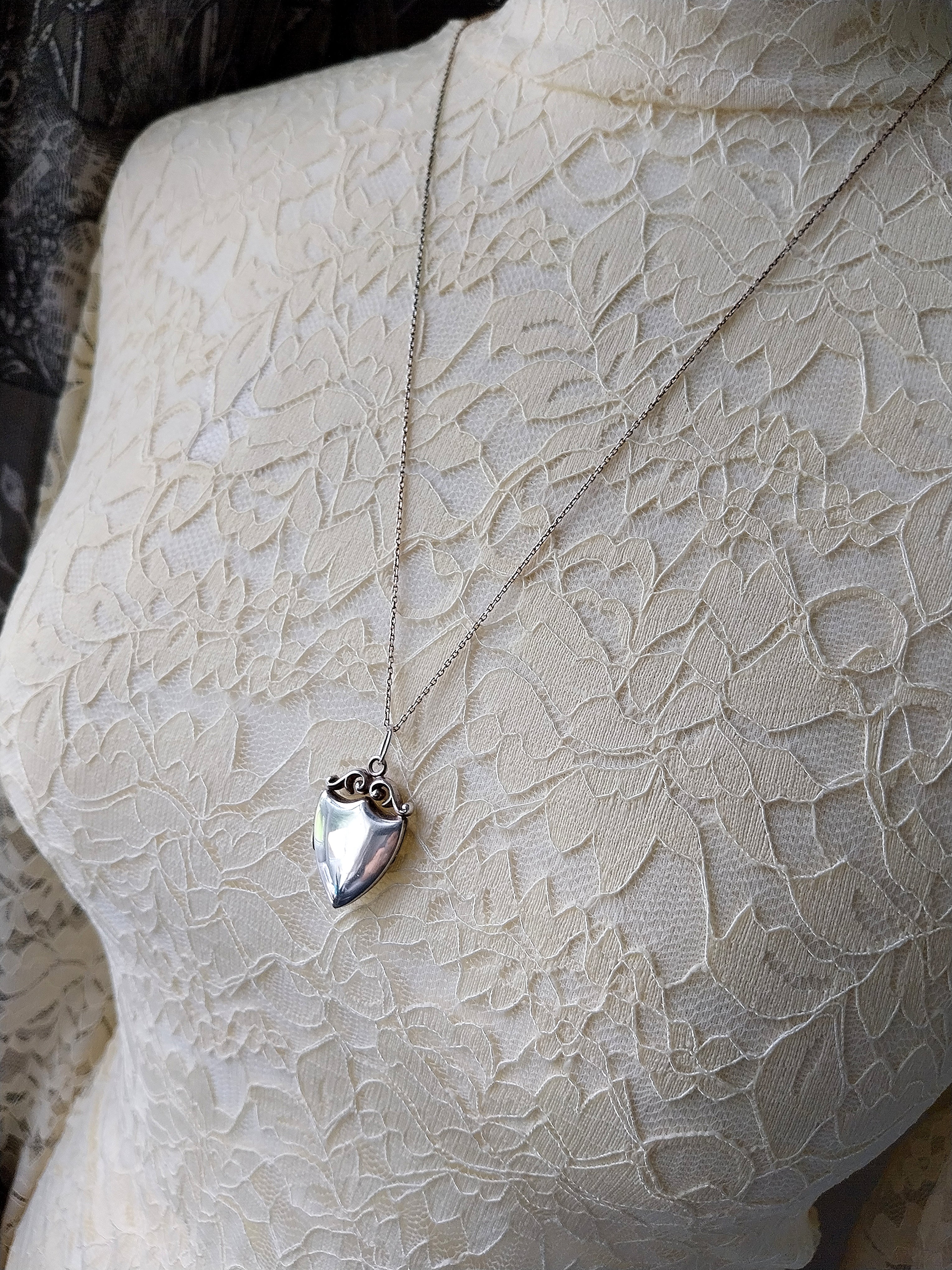 Sterling Silver Shield LOCKET Necklace on Very Long 26" Chain - 8.6g