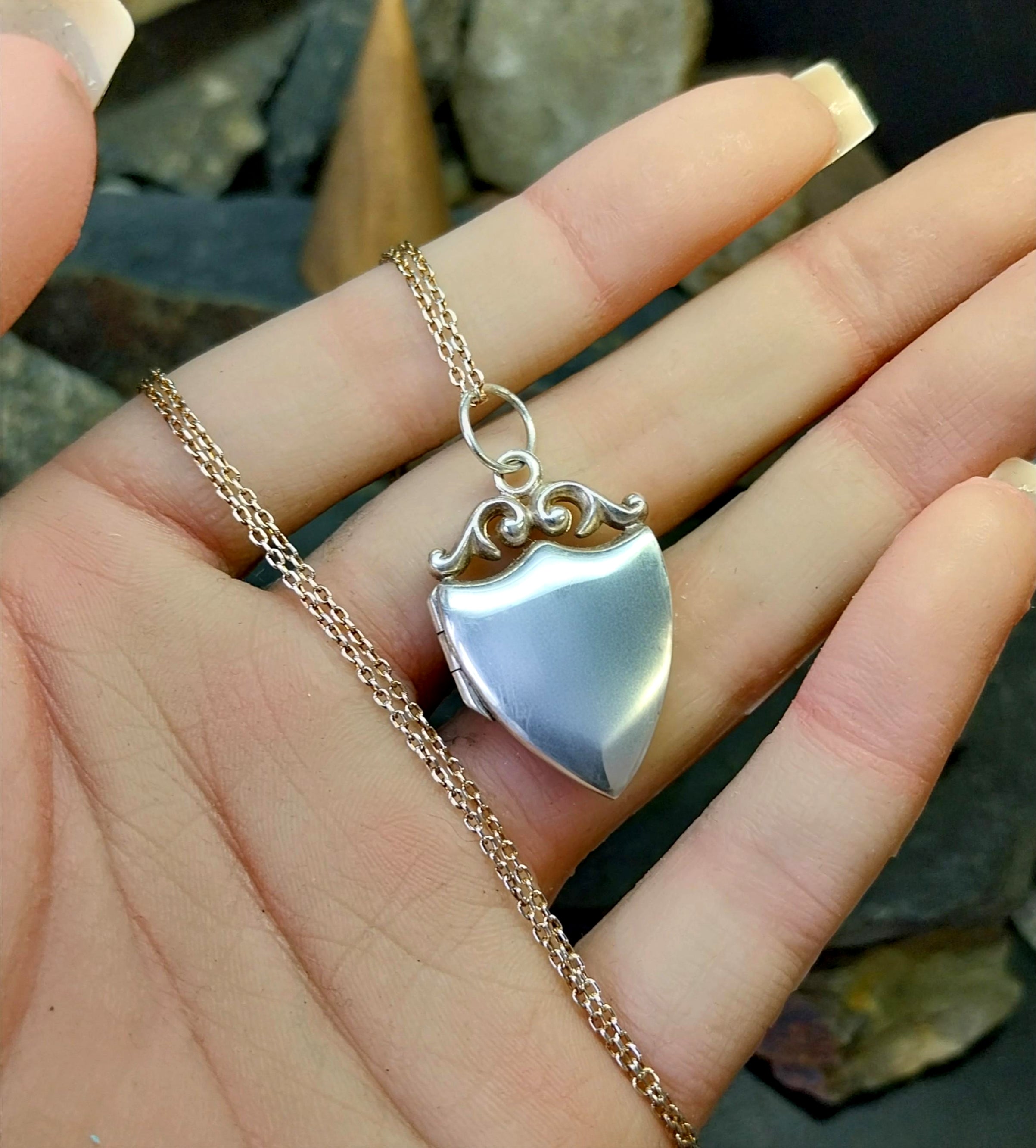 Sterling Silver Shield LOCKET Necklace on Very Long 26" Chain - 8.6g