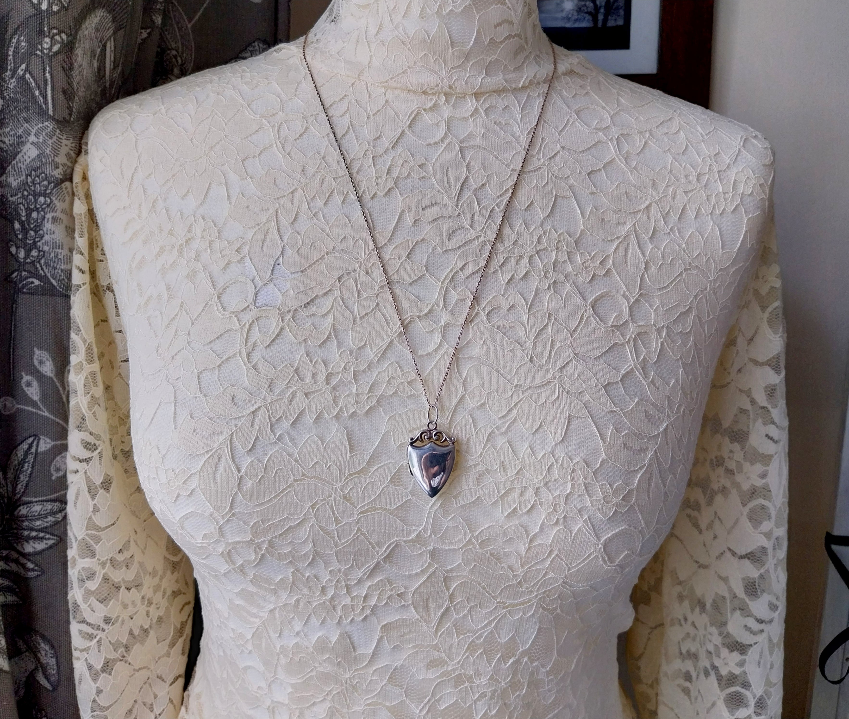 Sterling Silver Shield LOCKET Necklace on Very Long 26" Chain - 8.6g