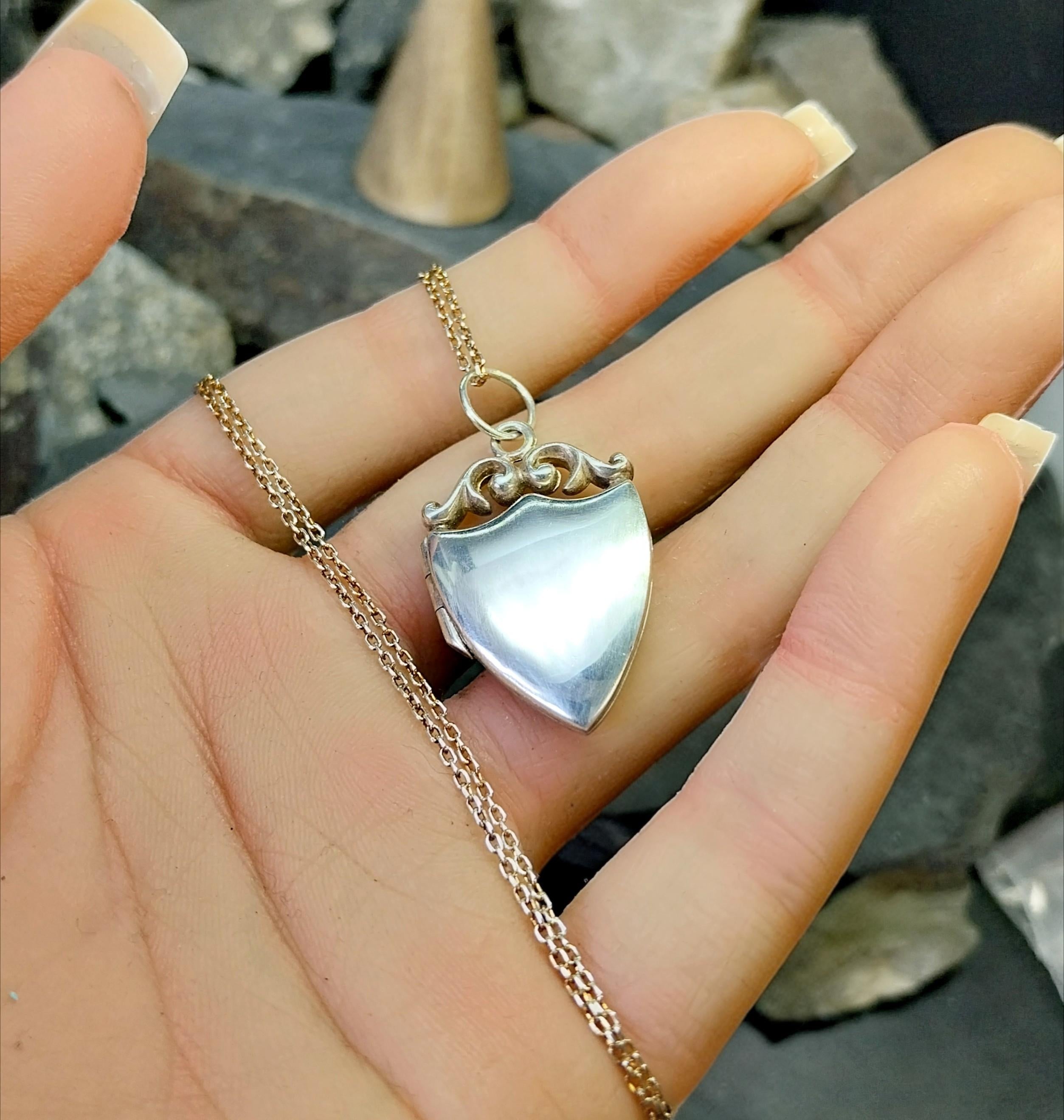 Sterling Silver Shield LOCKET Necklace on Very Long 26" Chain - 8.6g