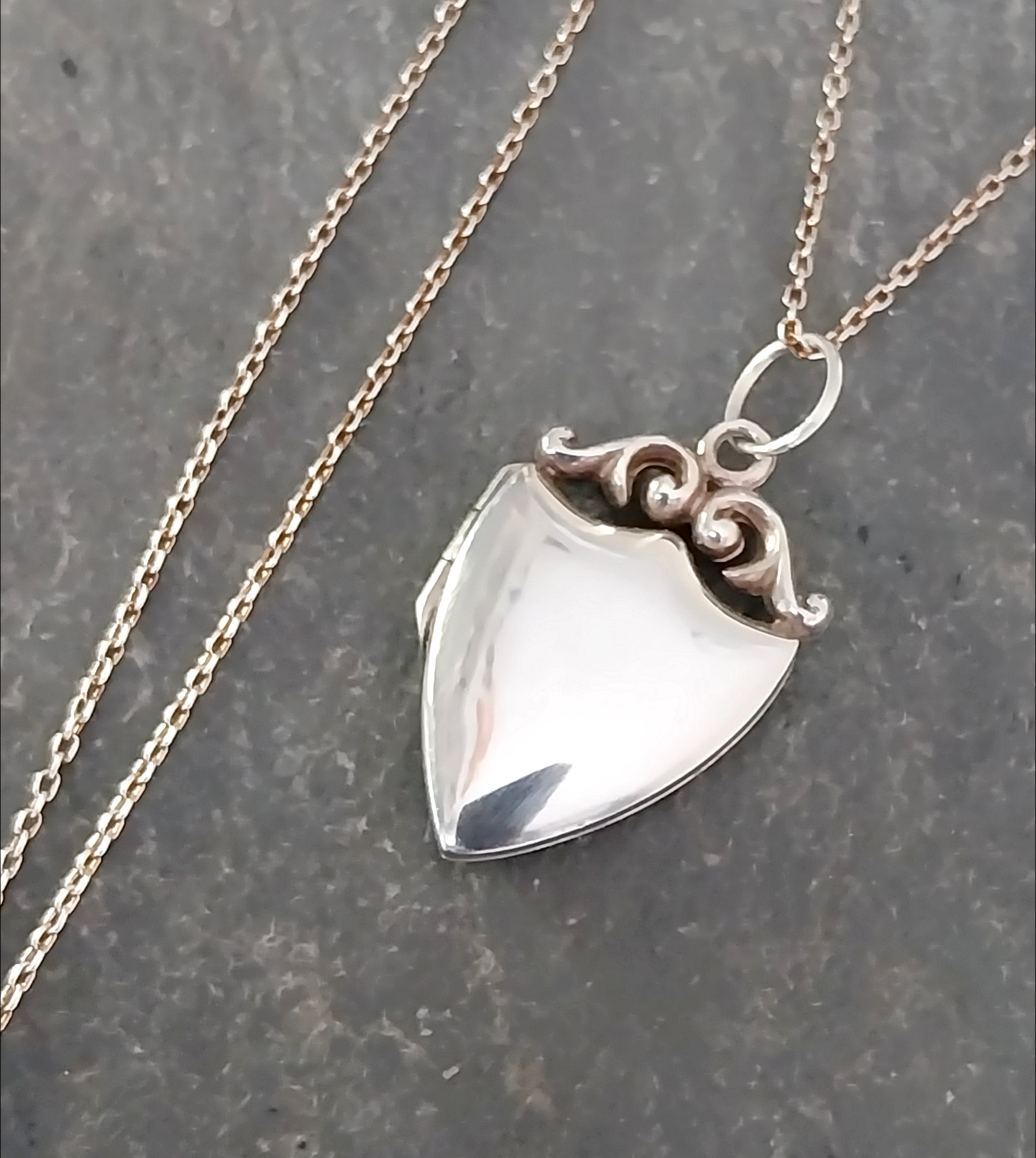 Sterling Silver Shield LOCKET Necklace on Very Long 26" Chain - 8.6g