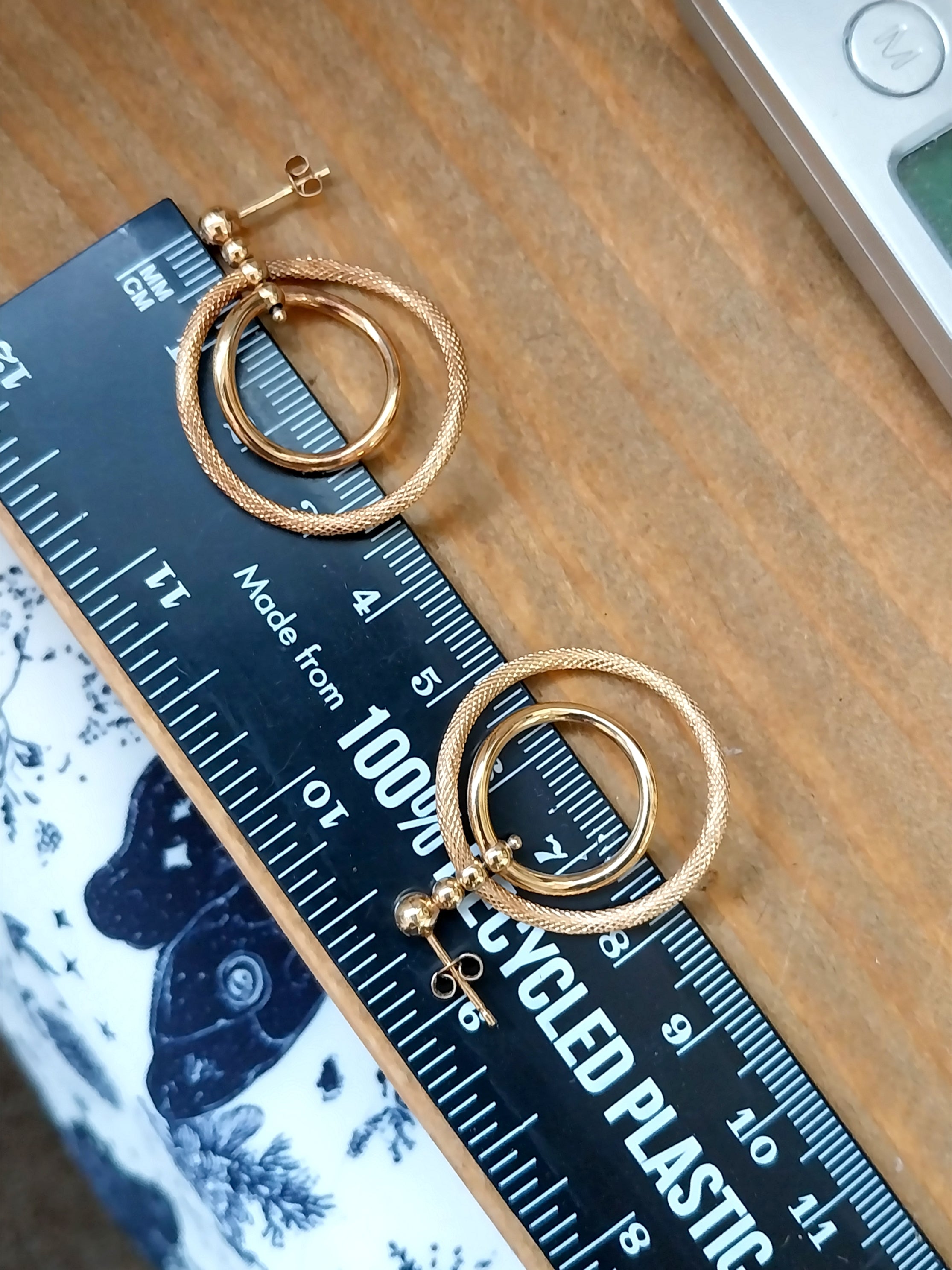 Vintage 9ct Gold Double Hoop DROP EARRINGS - Dangly - 2.8g