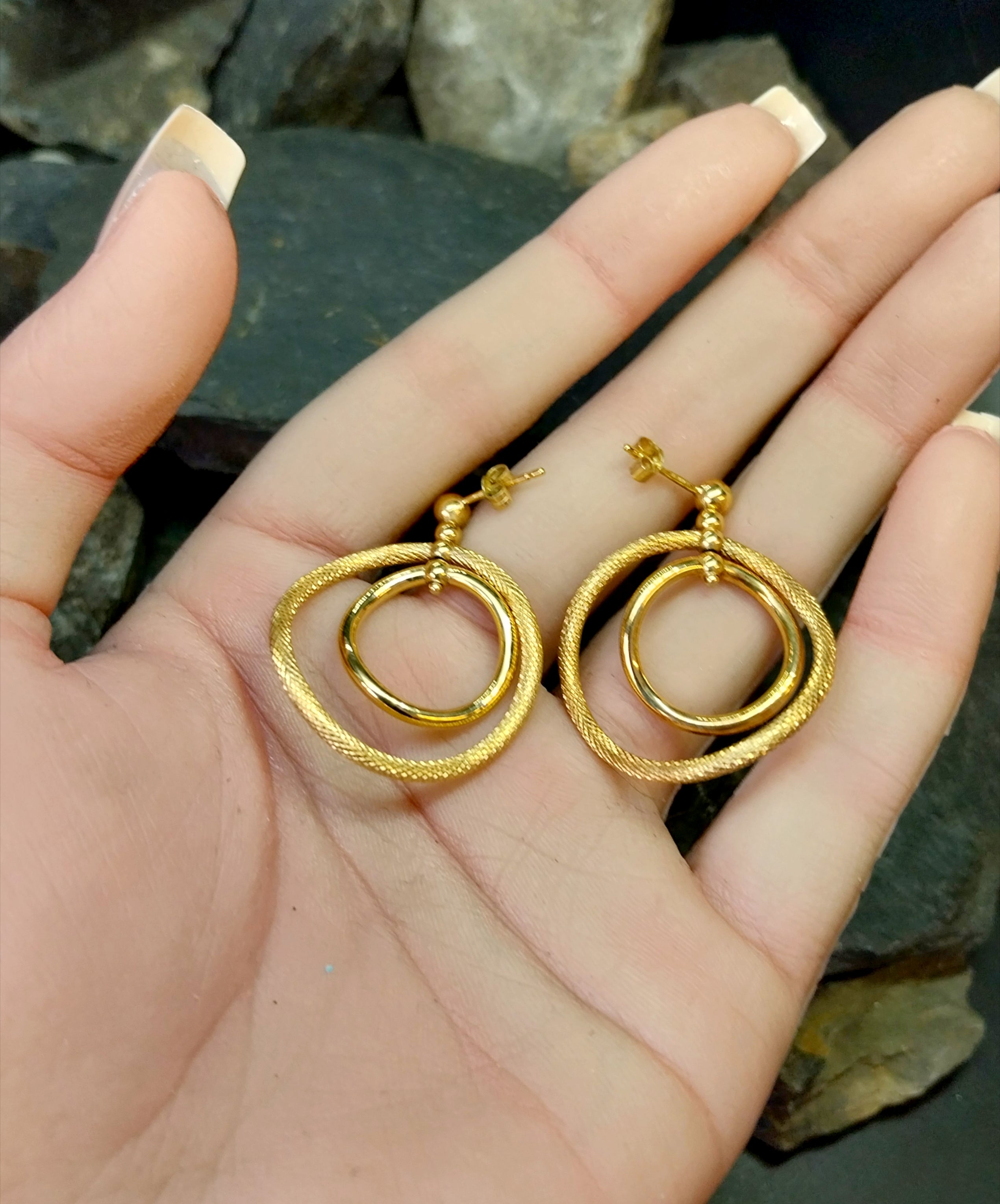 Vintage 9ct Gold Double Hoop DROP EARRINGS - Dangly - 2.8g