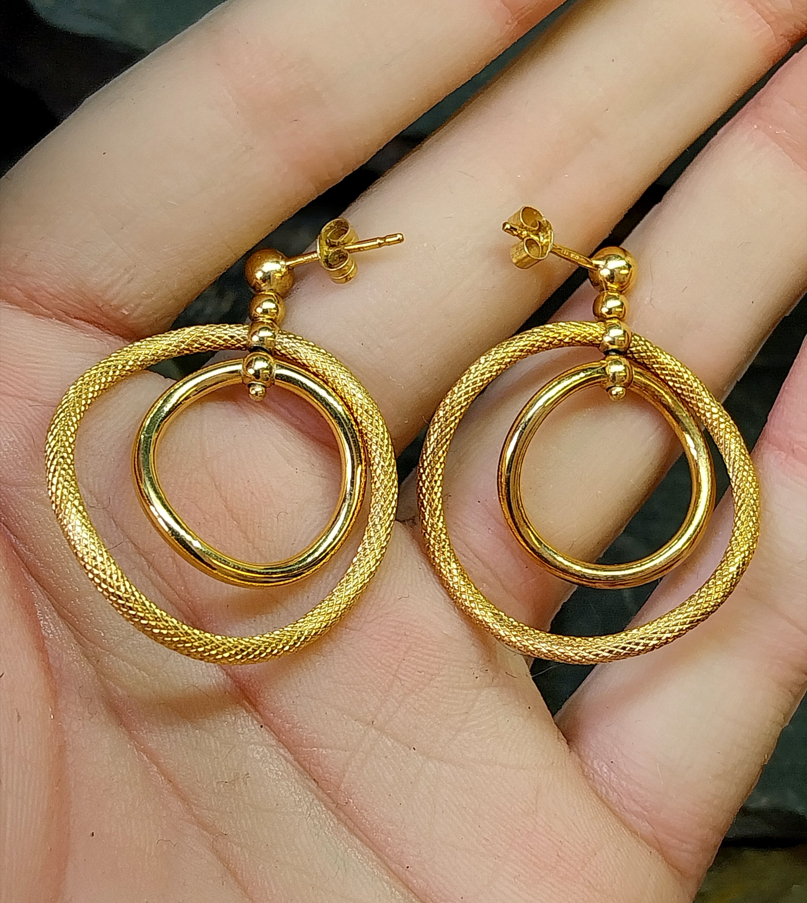 Vintage 9ct Gold Double Hoop DROP EARRINGS - Dangly - 2.8g