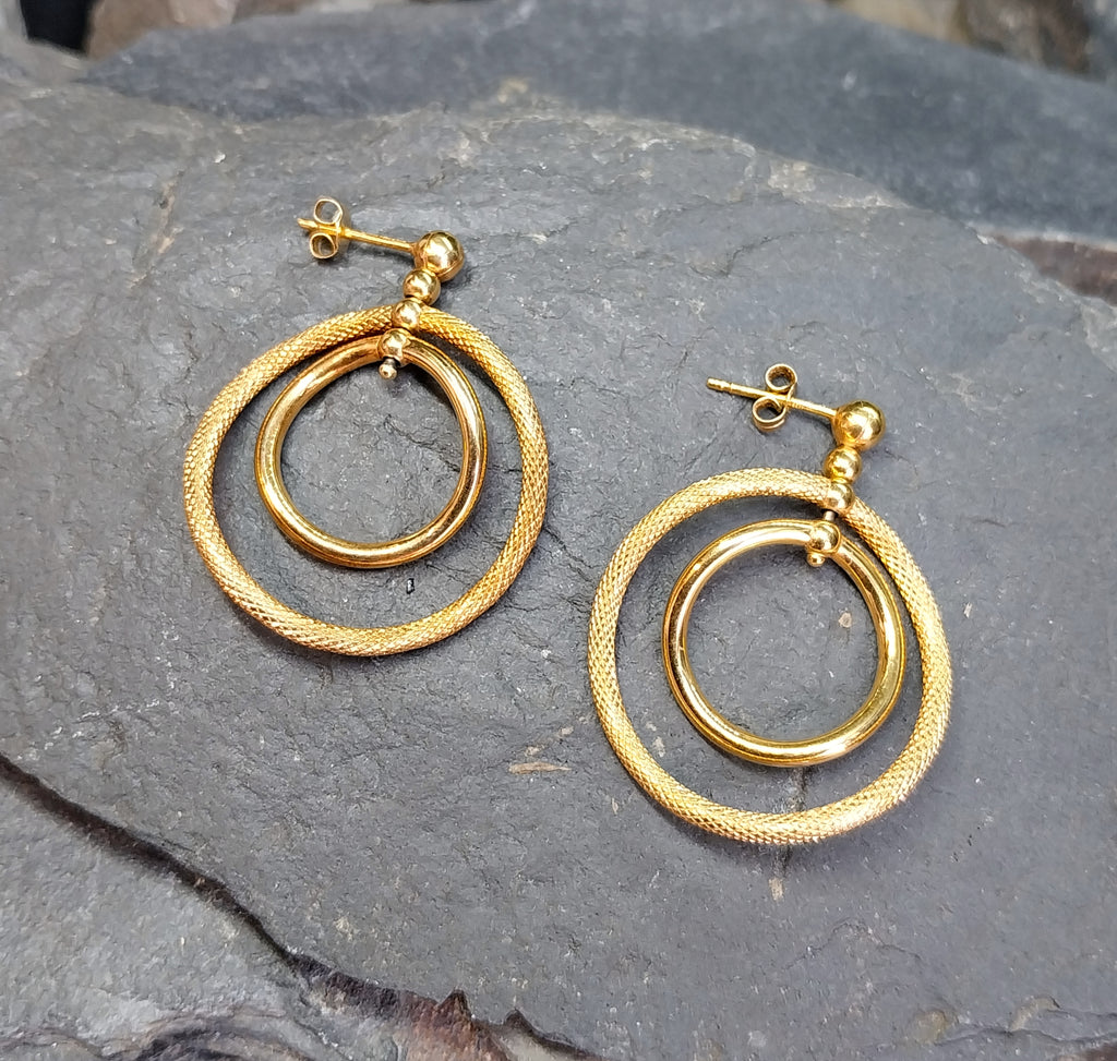 Vintage 9ct Gold Double Hoop DROP EARRINGS - Dangly - 2.8g