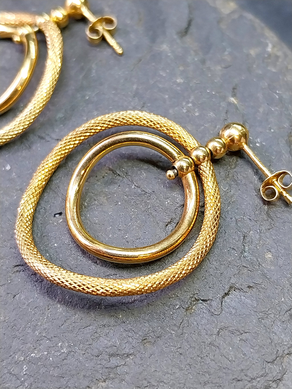 Vintage 9ct Gold Double Hoop DROP EARRINGS - Dangly - 2.8g