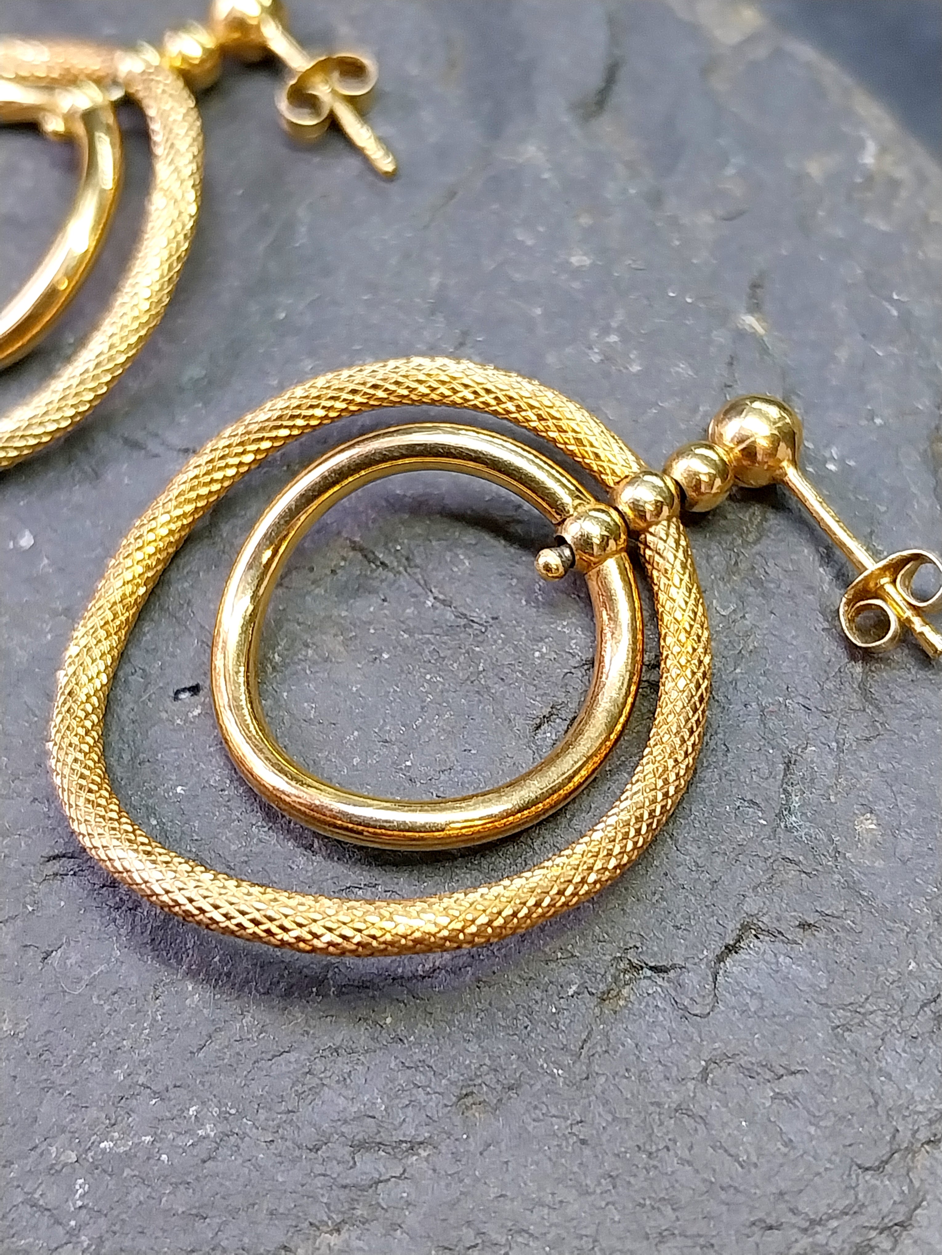 Vintage 9ct Gold Double Hoop DROP EARRINGS - Dangly - 2.8g