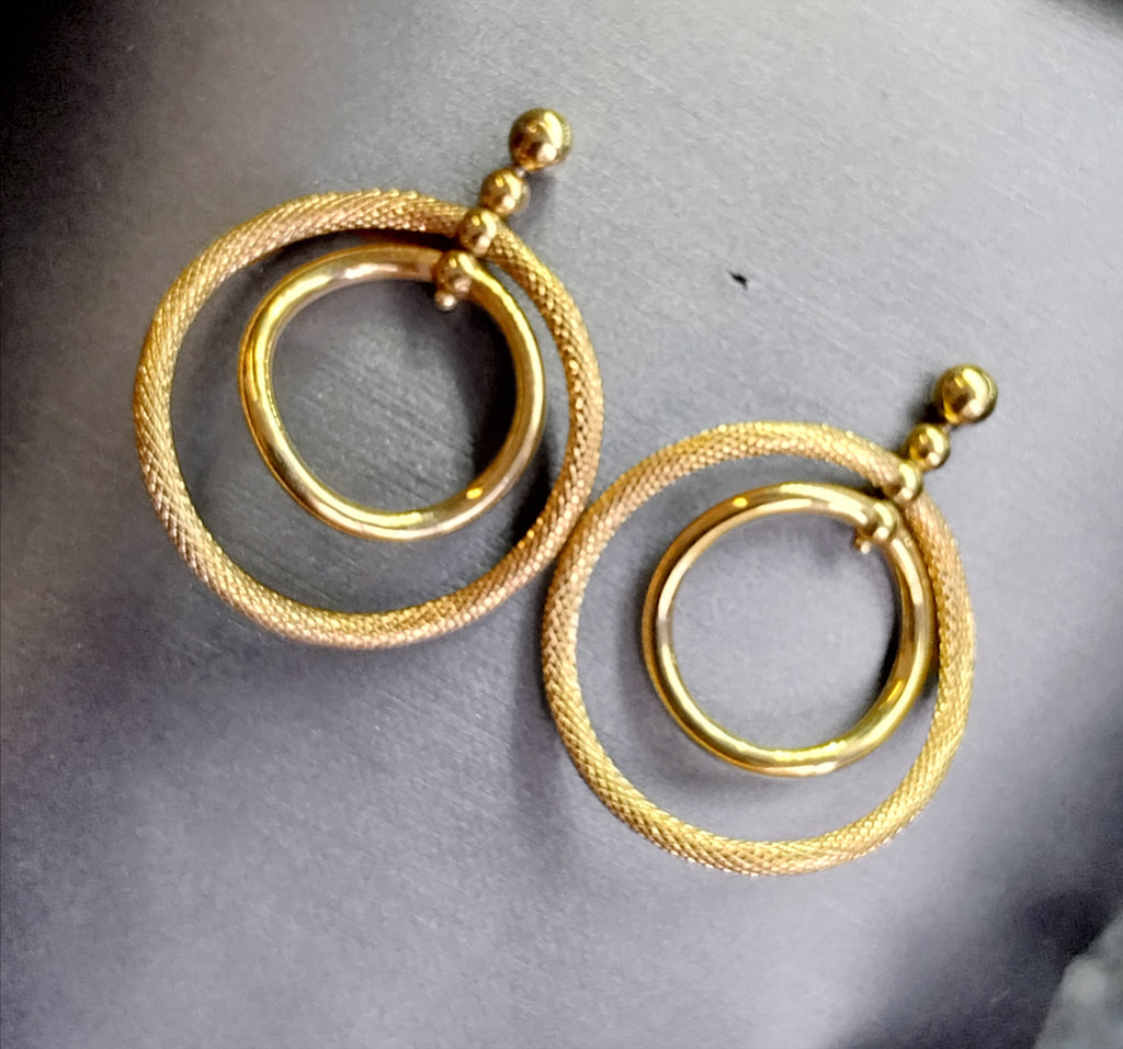 Vintage 9ct Gold Double Hoop DROP EARRINGS - Dangly - 2.8g