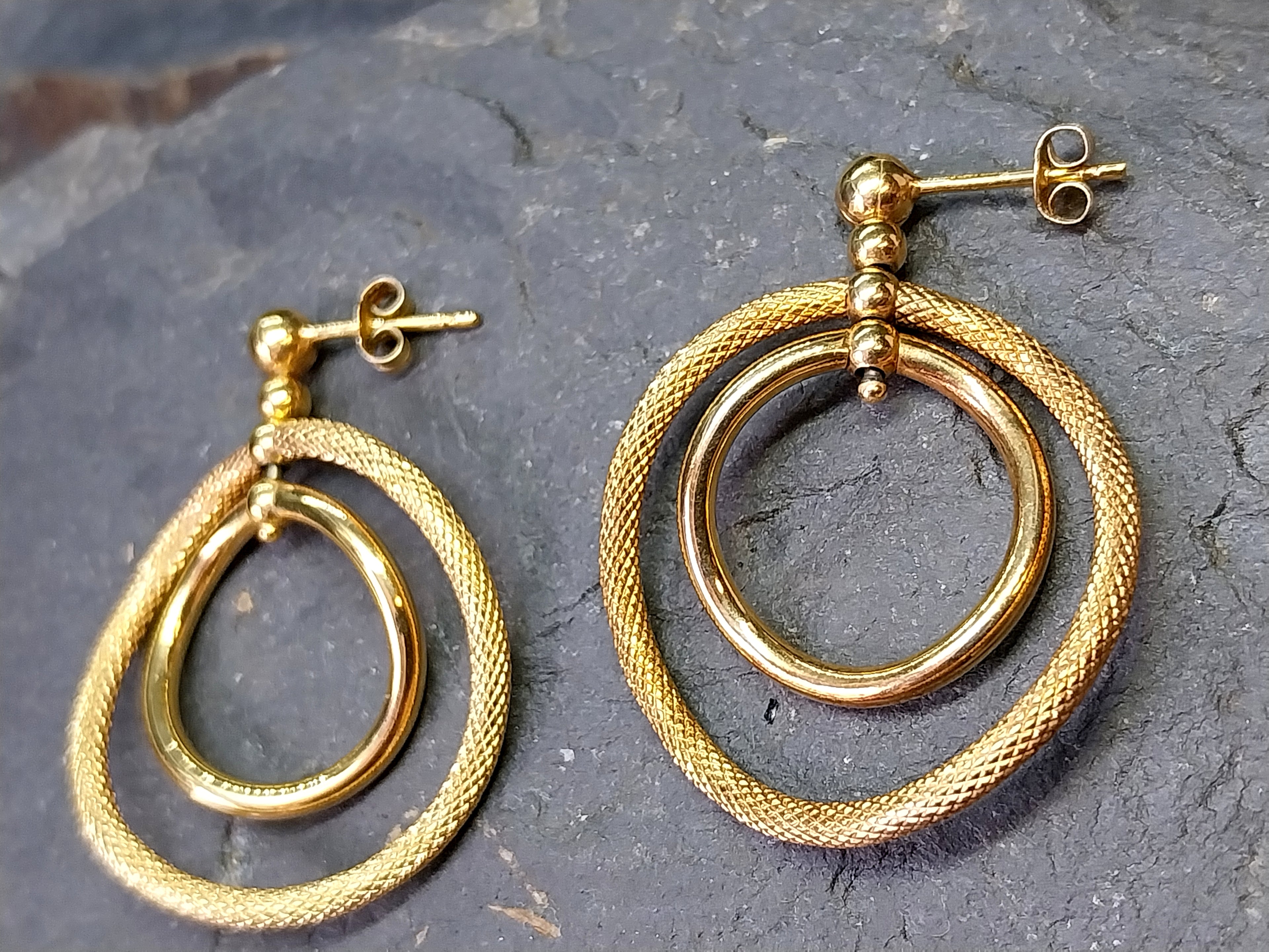 Vintage 9ct Gold Double Hoop DROP EARRINGS - Dangly - 2.8g