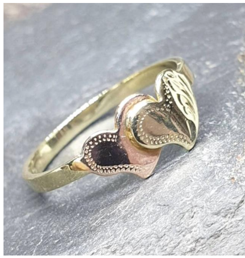 14ct Gold Double HEART RING - Yellow and Rose Gold Hearts - uk Size K (US 5)