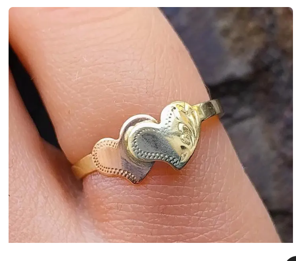 14ct Gold Double HEART RING - Yellow and Rose Gold Hearts - uk Size K (US 5)
