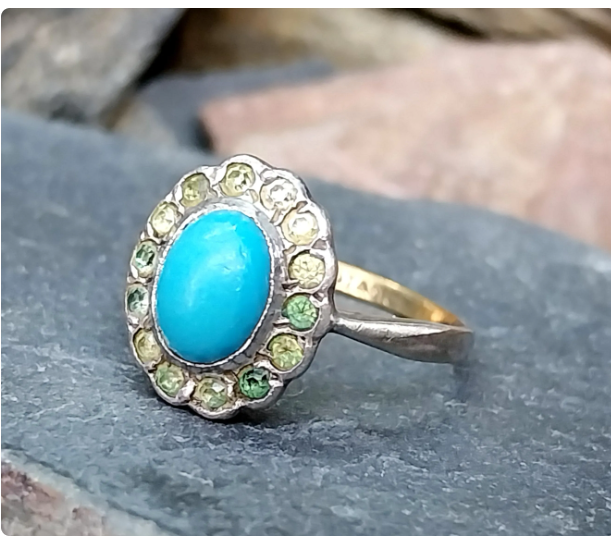 9ct Gold & Silver Turquoise Ring - Art Deco 1920s - Size uk Q (us 8) - 2.5g
