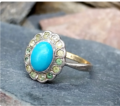 9ct Gold & Silver Turquoise Ring - Art Deco 1920s - Size uk Q (us 8) - 2.5g