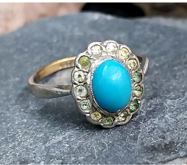 9ct Gold & Silver Turquoise Ring - Art Deco 1920s - Size uk Q (us 8) - 2.5g