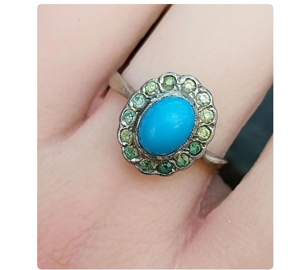 9ct Gold & Silver Turquoise Ring - Art Deco 1920s - Size uk Q (us 8) - 2.5g