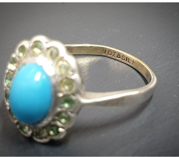 9ct Gold & Silver Turquoise Ring - Art Deco 1920s - Size uk Q (us 8) - 2.5g