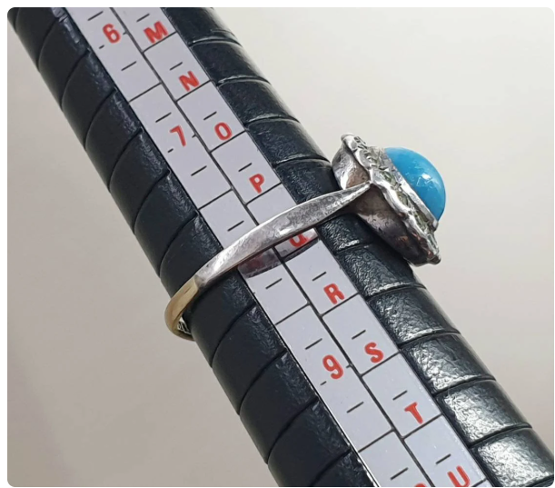 9ct Gold & Silver Turquoise Ring - Art Deco 1920s - Size uk Q (us 8) - 2.5g