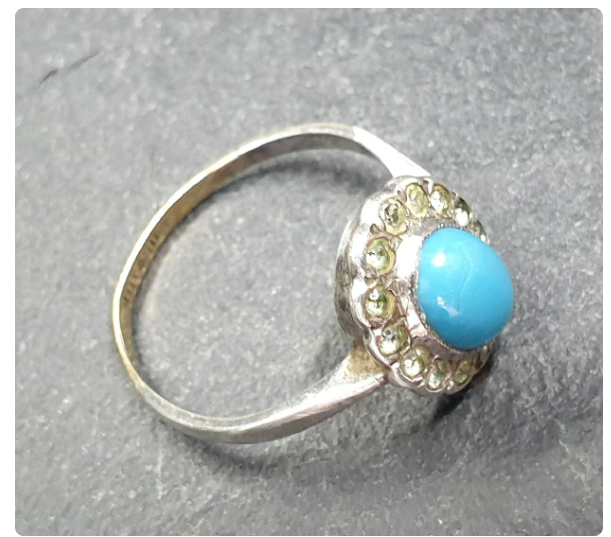 9ct Gold & Silver Turquoise Ring - Art Deco 1920s - Size uk Q (us 8) - 2.5g