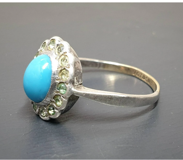 9ct Gold & Silver Turquoise Ring - Art Deco 1920s - Size uk Q (us 8) - 2.5g