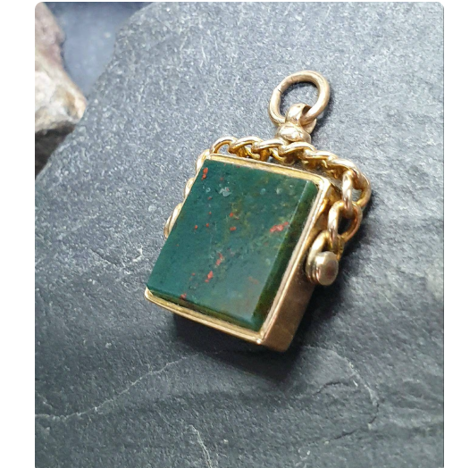 Antique 9ct GOLD BLOODSTONE & CARNELIAN Fob Pendant Spinner - Victorian 1889  7g
