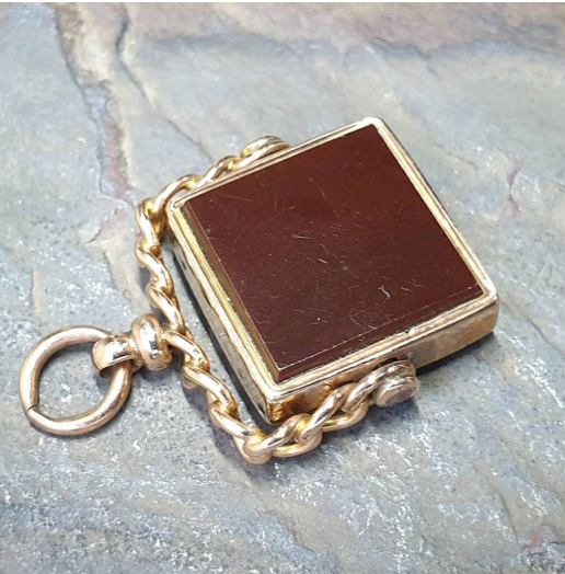Antique 9ct GOLD BLOODSTONE & CARNELIAN Fob Pendant Spinner - Victorian 1889  7g