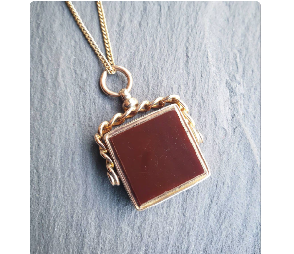 Antique 9ct GOLD BLOODSTONE & CARNELIAN Fob Pendant Spinner - Victorian 1889  7g