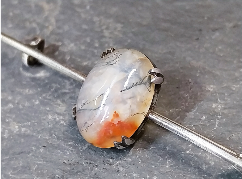 Antique Sterling Silver Moss Agate Bar Brooch - tie pin - 3.4g
