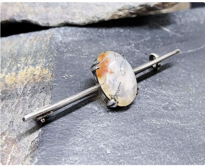 Antique Sterling Silver Moss Agate Bar Brooch - tie pin - 3.4g