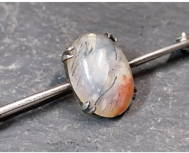 Antique Sterling Silver Moss Agate Bar Brooch - tie pin - 3.4g