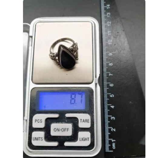 SILVER TEARDROP RING - Jet Black Onyx Stone - Size uk R ( usa 8.5) - 8.7g